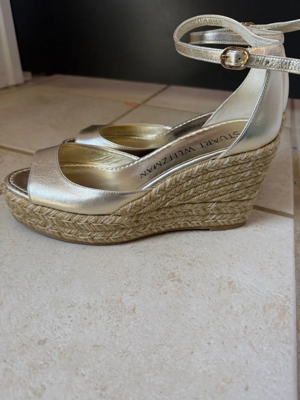 Stuart Weitzman Metallic Gold Espadrille Wedge with Ankle Strap size 8 NWOT - Picture 11 of 12